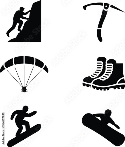 Black silhouettes of adventure sports climbing paragliding hiking snowboarding