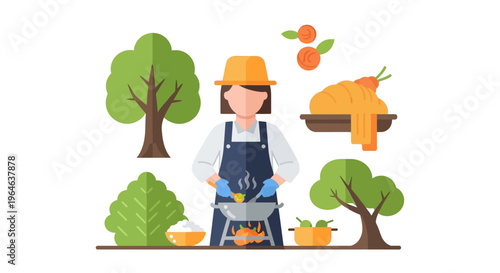 Outdoor Cooking and Grilling with Fresh Produce in Nature - Healthy Lifestyle Flat Vector Illustration