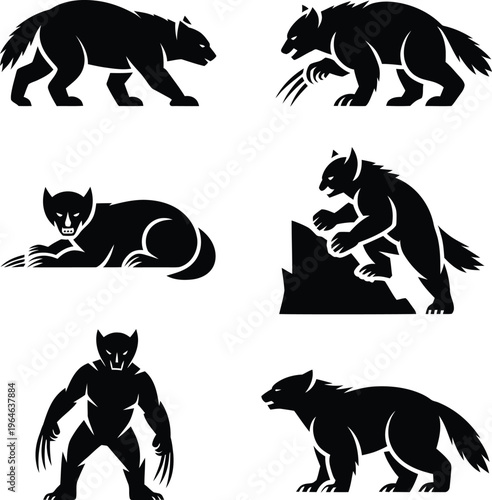 Black silhouettes of bears and werewolf creatures white background
