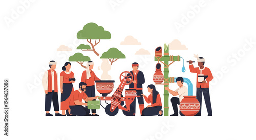 Traditional Community Working Together: Sustainable Agriculture, Water Management & Indigenous Practices Illustration