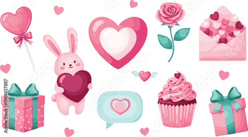 Set of romantic Valentine elements including hearts gifts cupcake and bunny isolated on white background love vector illustration collection