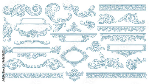 Vintage Baroque or renaissance hand drawn Victorian set of ornament floral elements engraved retro flower decorative design heraldic swirls.