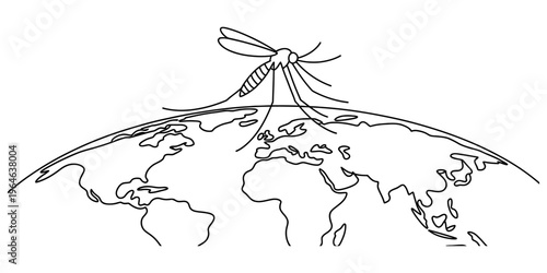 A black and white line drawing of a mosquito perched on top of a stylized map of the earth globe. Vector, illustration