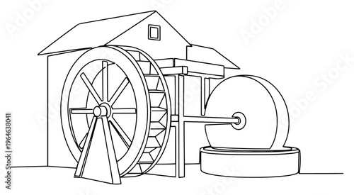 Foto Continuous line drawing of a traditional watermill with a large wooden wheel and