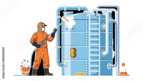 Industrial Cleaning: A worker, clad in protective gear, tackles industrial cleaning with a high-pressure washer, sanitizing a large tank. Showcasing safety and sanitation in an industrial environment.