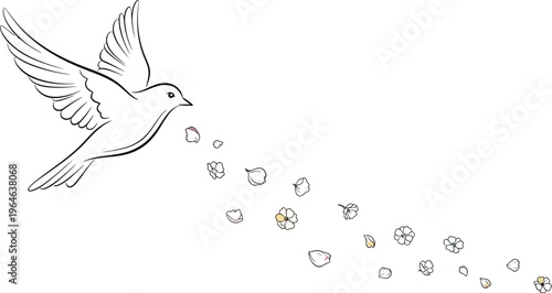 Minimalist line art drawing of a white dove soaring gracefully while releasing a gentle stream of delicate pastel colored flower petals downwards