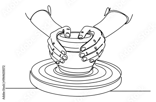 Minimalist continuous line drawing of hands shaping clay on a rotating potters wheel