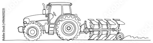 Continuous line drawing of a farm tractor pulling a multi bottom plow through a field