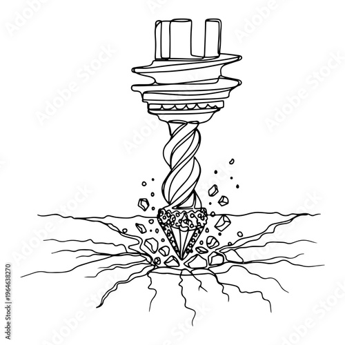 One line illustration of a heavy industrial drill bit boring into hard rock ground