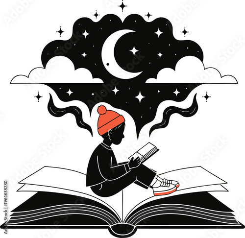A person reading under a starry night sky with a crescent moon