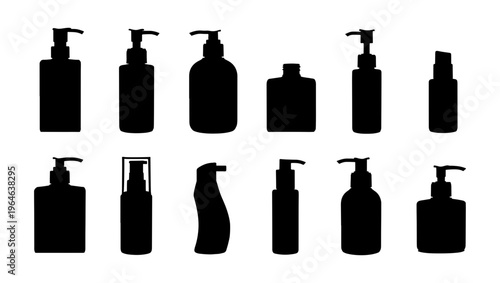 Cosmetic bottle silhouettes set, 12 black vector icons of beauty product packaging, skincare pump and spray containers for commercial design