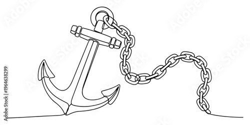 Continuous line art of a heavy metal ship anchor with a long steel chain