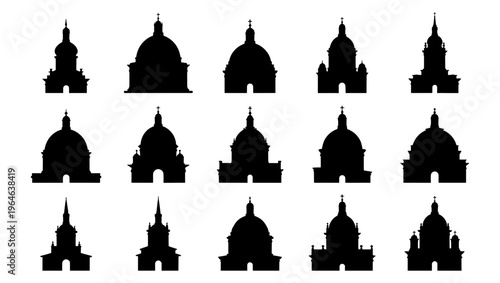 Historical cathedral dome silhouettes, set of 15 black church roof icons, architectural landmark cupola vector elements for travel and history design