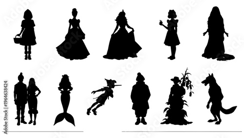 Fairy tale character silhouettes set, 11 black vector icons of princess and fantasy figures, mythical storybook people and creature shapes