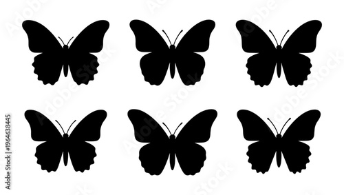 Black butterfly silhouette collection, set of 6 insect vector icons, minimalist butterfly wing shapes for logo design and nature branding