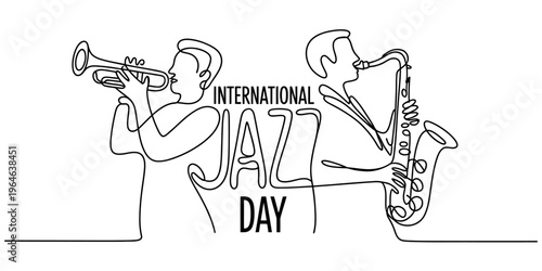 Continuous line drawing of two musicians playing the trumpet and saxophone for jazz day event Vector, illustration