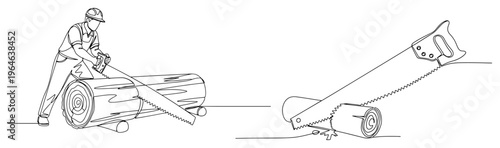 Continuous line drawing of a lumberjack sawing a wooden log with a hand saw