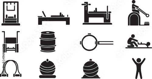 Pilates equipment and studio workout icons, 12 black vector symbols of reformer machines and fitness gear, professional gym exercise elements isolated PNG with Transparent Background