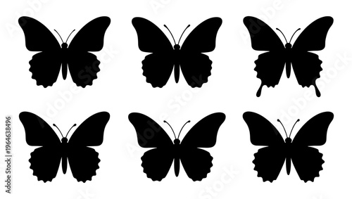 Black butterfly silhouette collection, set of 6 decorative insect icons, minimalist butterfly vector shapes for logo design and spring branding