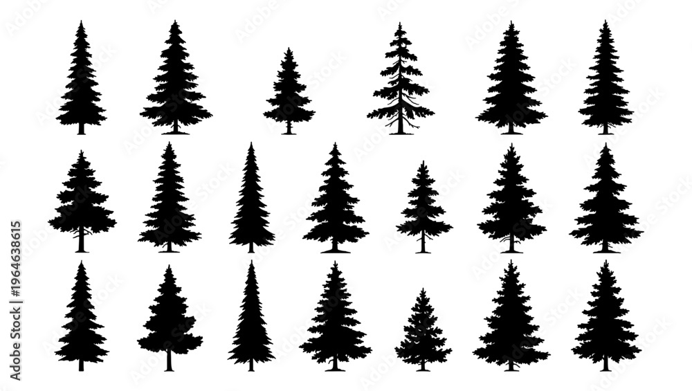 Fototapeta premium Pine tree silhouettes collection, set of 21 evergreen forest tree vectors, black conifer and spruce shapes for outdoor landscape design