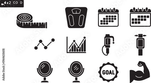 Minimalist fitness and weight loss icon set, black solid vector symbols for health tracking, body transformation and workout progress monitoring isolated PNG with Transparent Background