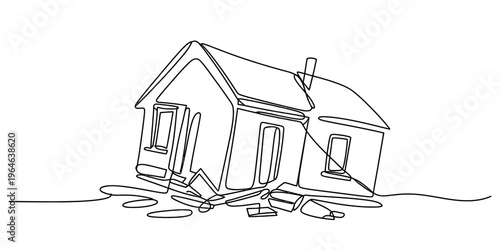 A single continuous line drawing of a house that is collapsing due to a major natural disaster. Vector, illustration