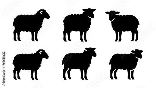 Black sheep silhouettes collection, set of 6 farm animal vector icons, minimalist livestock sheep and ram profiles for agricultural branding