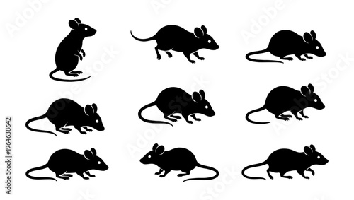 Black mouse silhouette collection, set of 9 rodent vector icons, minimalist rat silhouettes in various poses for pest control and wildlife design