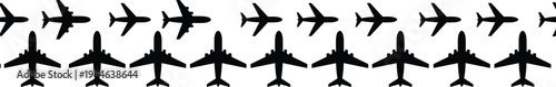 Seamless pattern of black airplane silhouettes and aircraft icons arranged in a row for aviation background, travel concept, and airline transportation industry graphic design