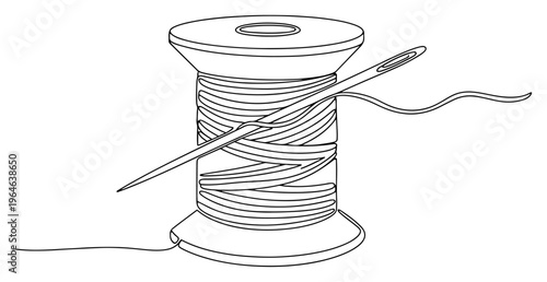 Photos Minimalist one line drawing of a thread spool with a sewing needle