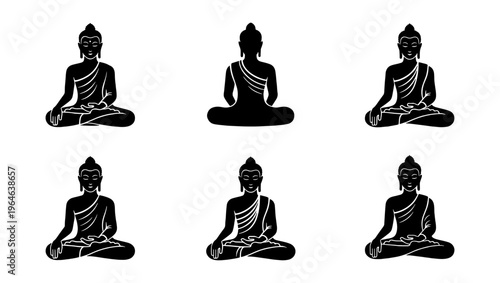 Buddha silhouette icons set, meditating monk in lotus pose vector, spiritual zen yoga figures for wellness and mindfulness branding