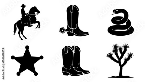 Wild West vector icon set, black cowboy silhouette collection, sheriff star and western boots graphics, desert rattlesnake and joshua tree symbols