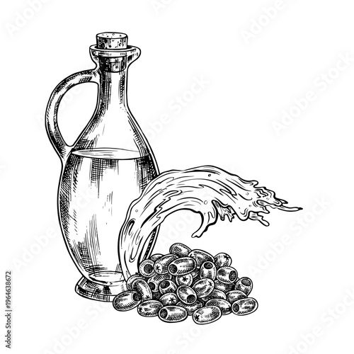 A glass bottle of oil, a handful of olives, and a splash of oil. A black and white vector illustration drawn by hand. A design element for recipes, cookbooks, packaging, labels, and more.