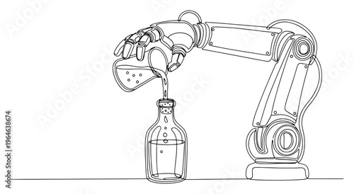 Continuous line drawing of a robotic arm pouring liquid into a glass bottle