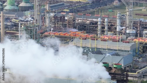 Fertilizer industrial factory producing smoke, aerial view