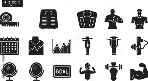 Fitness and weight loss icons set, black silhouette gym and bodybuilding vector elements, health tracking and body measurement symbols isolated PNG with Transparent Background