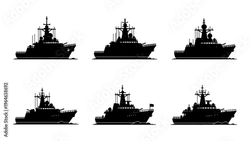 Military warship silhouette collection, set of 6 naval vessel icons, black destroyer and frigate vector shapes for marine defense graphics