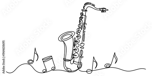 A continuous line drawing of a saxophone accompanied by musical notes on a clean white background Vector, illustration