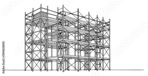 Continuous line illustration of a large scaffolding structure at an industrial construction site