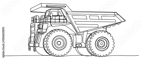 One line drawing of a massive mining dump truck for heavy duty construction
