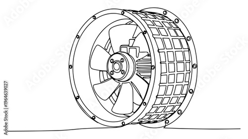 One line drawing of a large industrial axial ventilation fan in a cylindrical housing