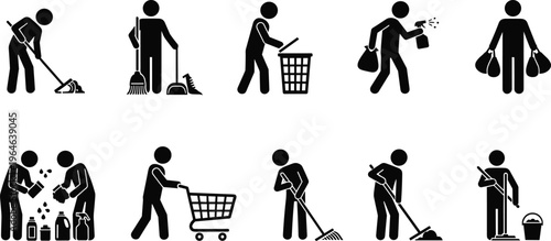 Stick Figure Cleaning Icon Set Featuring People Sweeping Mopping Using Vacuum Spraying Disinfectant Carrying Trash Bags and Pushing Shopping Cart for Housework and Janitorial Design