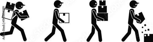 Stick Figure Delivery Man Icon Set Carrying Boxes And Packages Featuring Various Logistics Actions Like Running Walking Lifting Moving And Shipping Heavy Cargo Vector