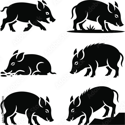 Black silhouettes of pigs in various poses on white background