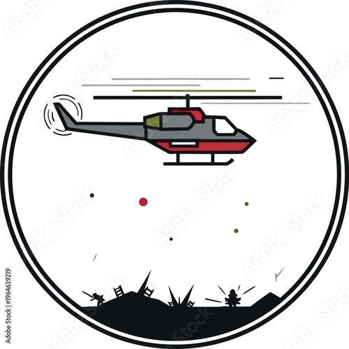 Military helicopter flying over a chaotic battle scene with explosions and soldiers on the ground, depicting intense combat operations in a dynamic vector illustration.