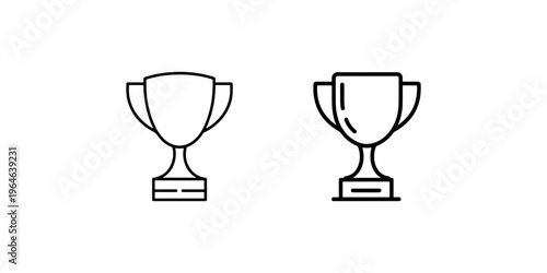 Two outline trophy icons with handles and base on white background representing award and victory in competitions and sports events
