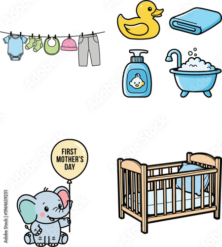 Baby clothesline with elephant balloon crib and bath time essential accessories.