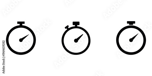 Stopwatch timer icons set in black silhouette style showing different configurations for countdown performance measuring and sports competition timing