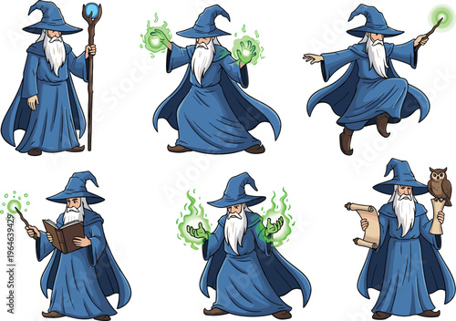 Fantasy Wizard Character Set with Magic Spells, Staff, Owl Companion and Casting Poses for Game Design, Animation, RPG Assets and Illustrations