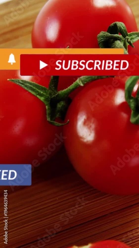 Vertical video: Tomatoes on board, camera steadying while social badges sliding over food for ad